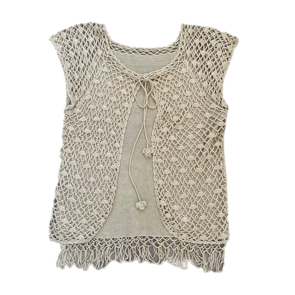 90’s fairycore beige cap sleeve loose knit tie neck sweater top